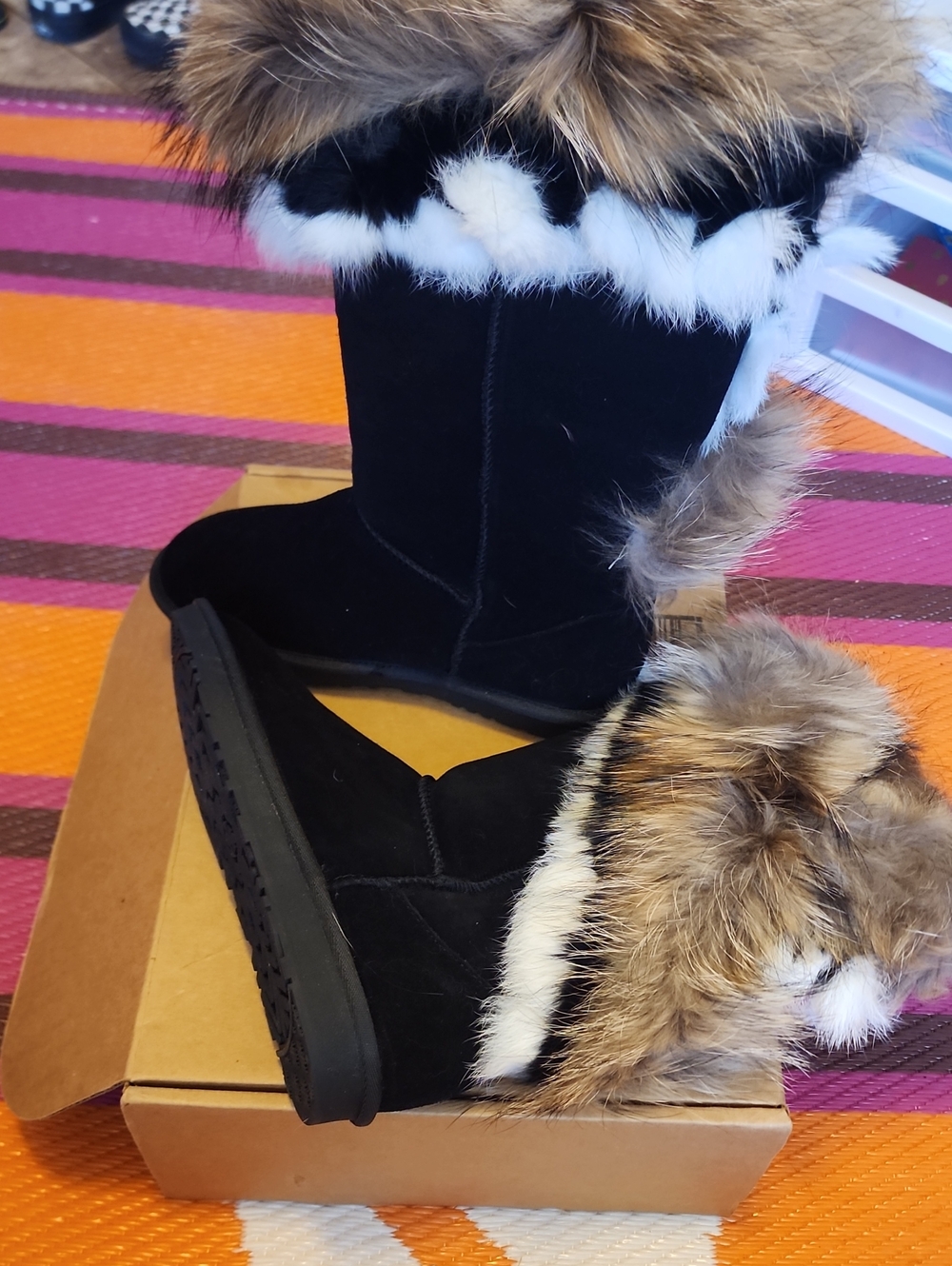 Black Suede Winter Boots with Faux Fur Trim - Women's
